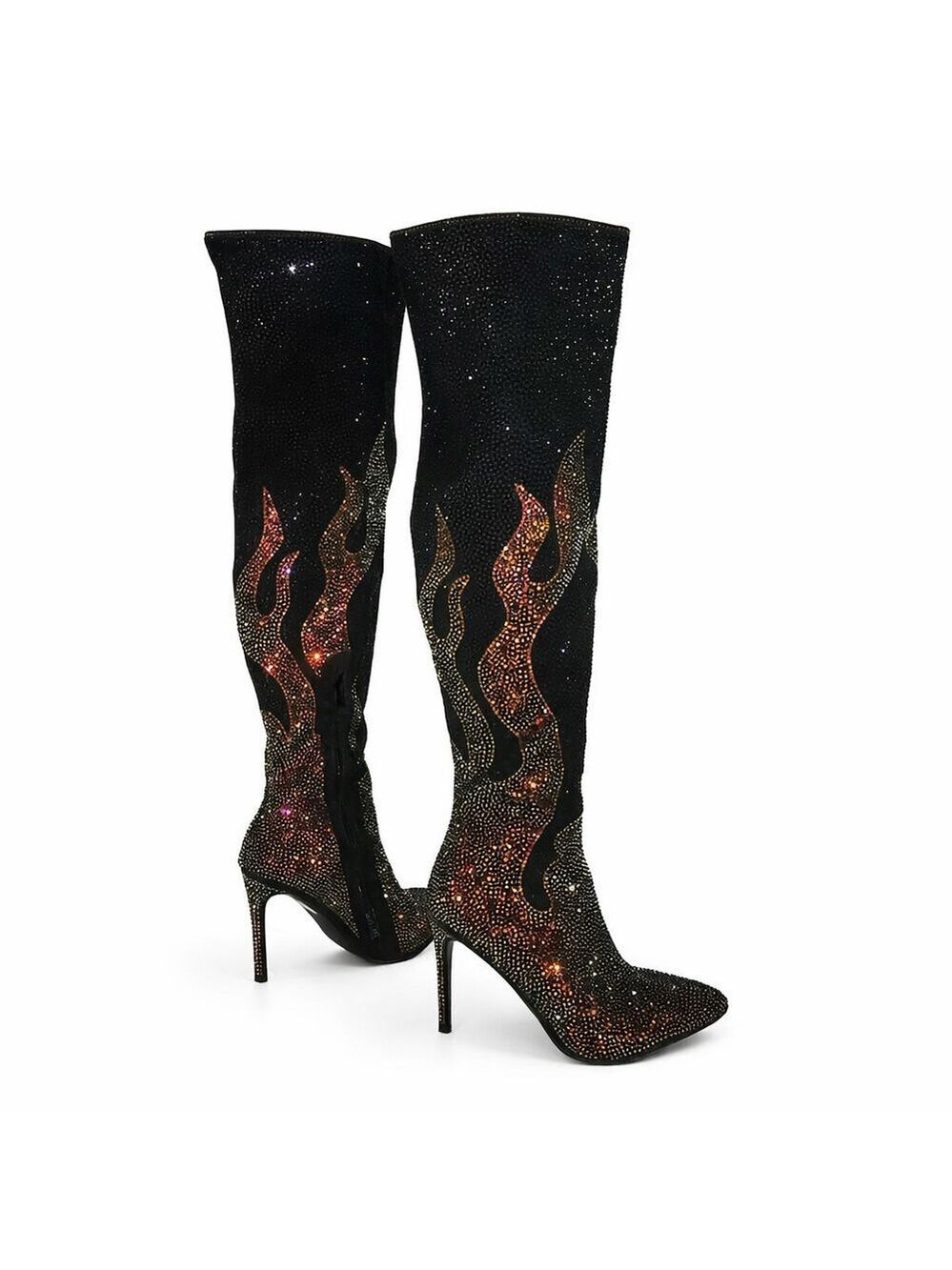 NIB Like It Hot Black Rhinestone Flame Detail Sexy OTK High Heels Thigh Boots